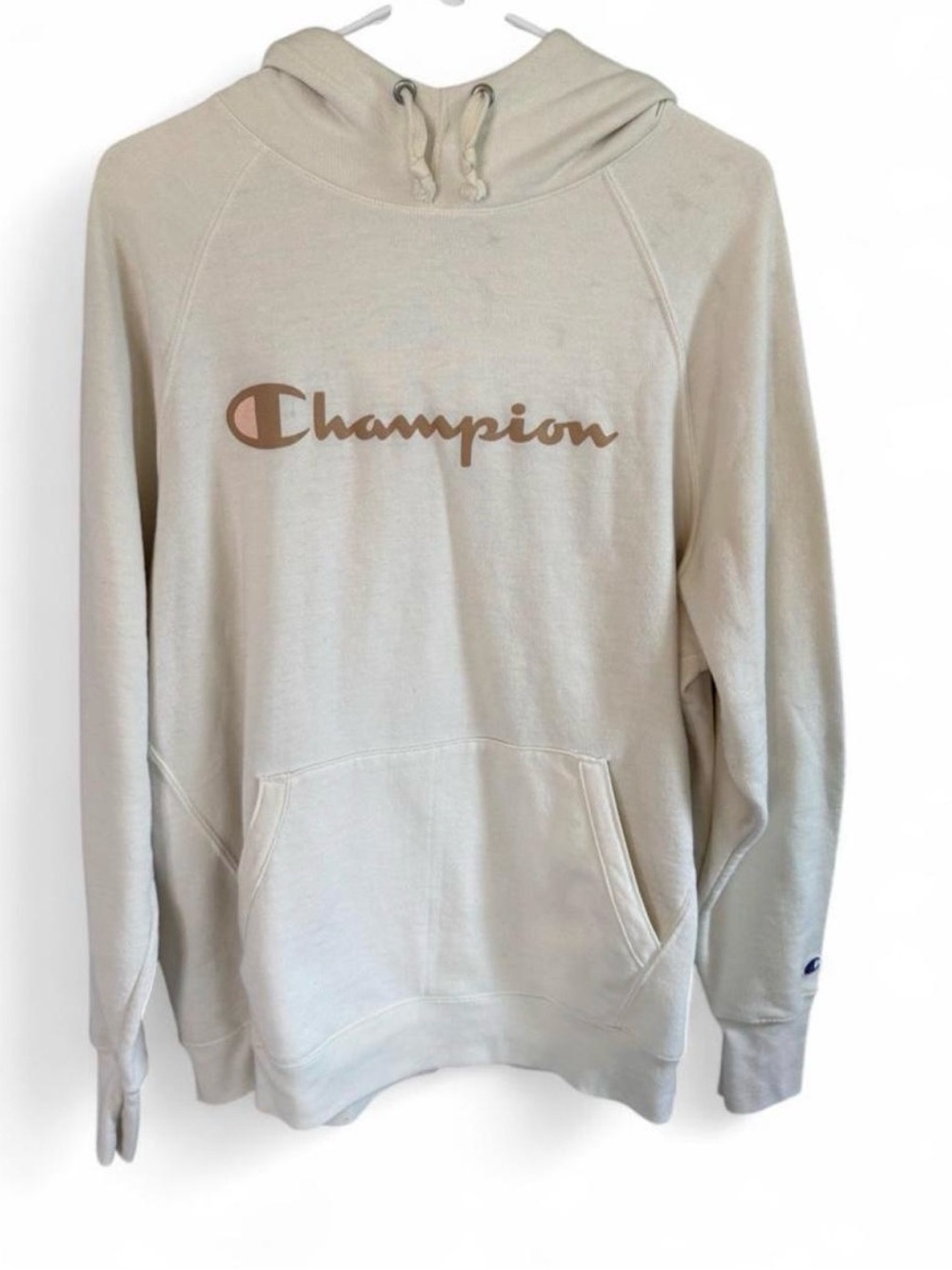Champion Cream Pullover Hoodie with Brown Script Logo
